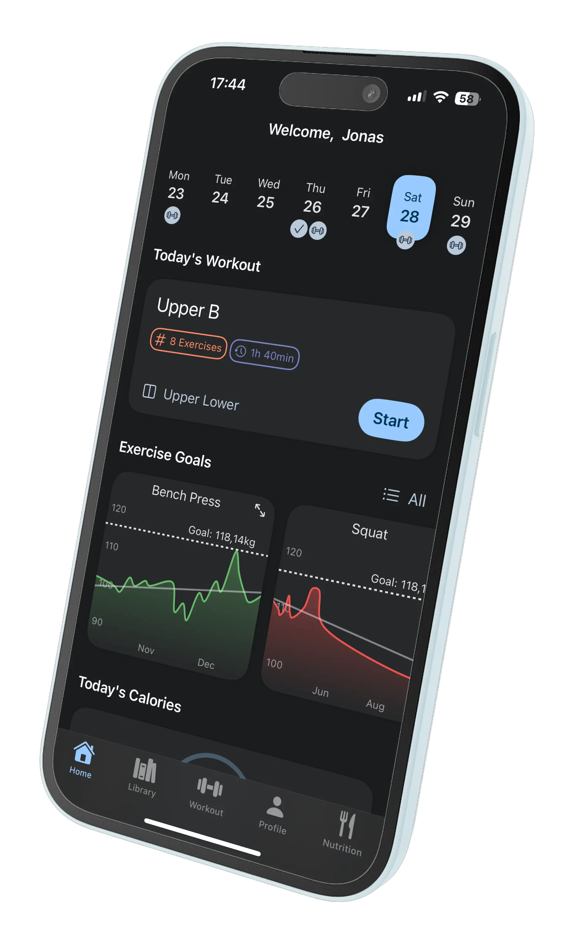 Lift workout and nutrition tracker home screen on a smartphone