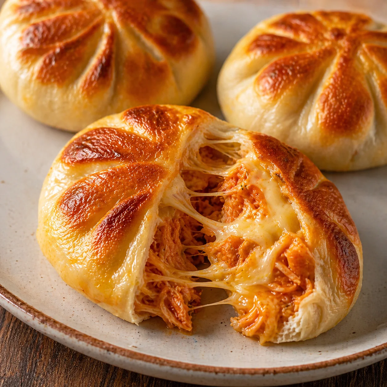 Baked hot pockets on a plate, one torn open to show the buffalo chicken filling