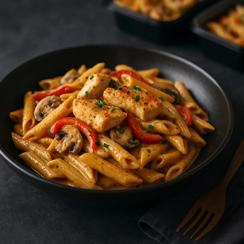 Pfanne mit cremiger Cajun-Hähnchen-Pasta, Penne, Paprikastreifen und Champignonscheiben