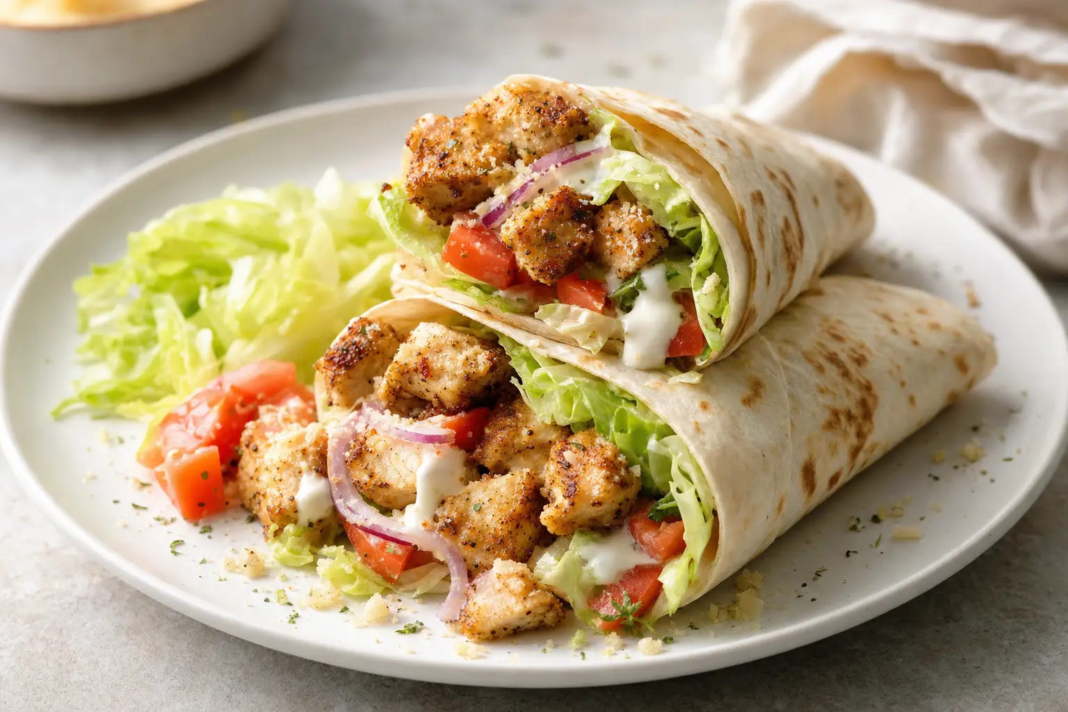 Zwei halbierte Hähnchen-Wraps auf einem weißen Teller, mit gebräunten Hähnchenwürfeln in Parmesankruste, Eisbergsalat, Tomatenwürfeln, roter Zwiebel und weißer Sauce