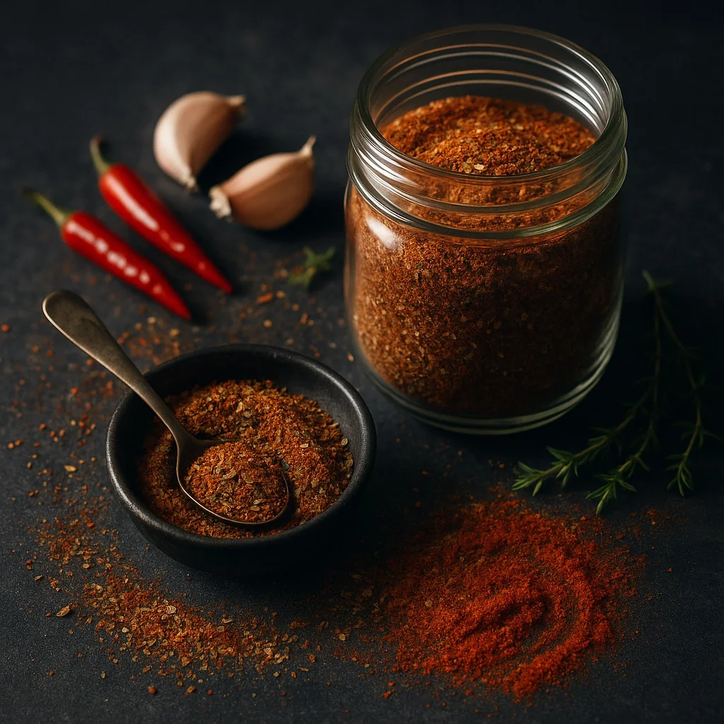 Glas mit selbstgemachter Cajun-Gewürzmischung neben einer kleinen Schale der Mischung, getrockneten Chilis und Knoblauch