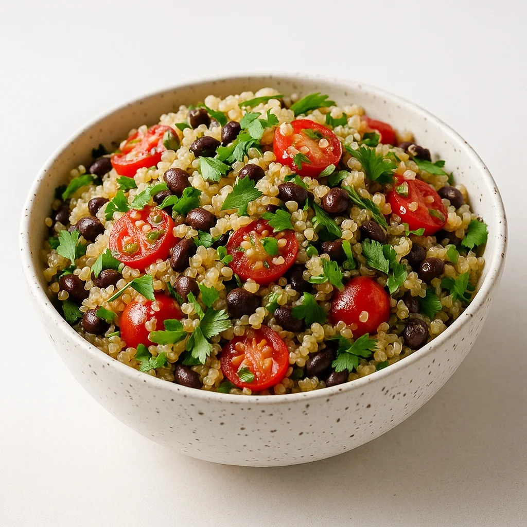 Quinoa salad with black beans, cherry tomatoes, and cilantro in a bowl